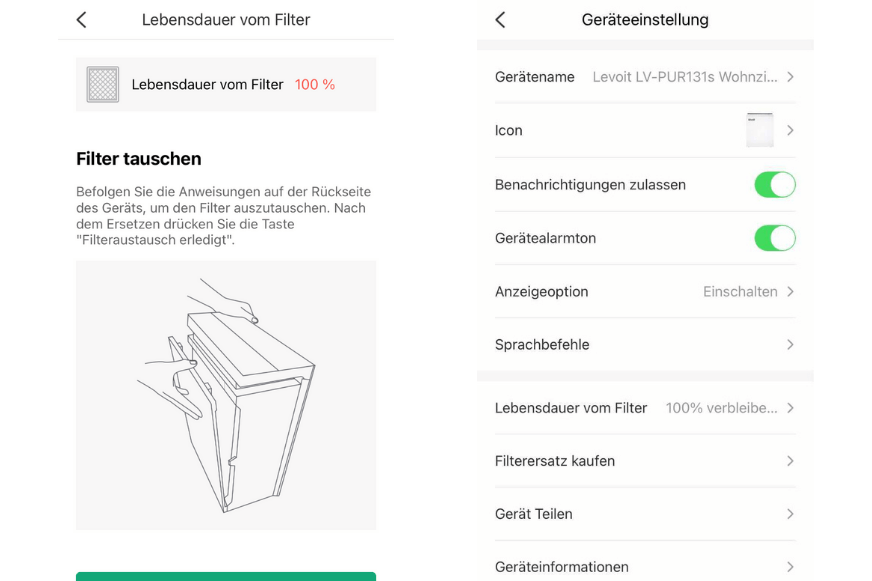 Anzeige zu Filterlebensdauer und Anleitung zum Wechseln der Filter sowie weitere Einstellungsmöglichkeiten